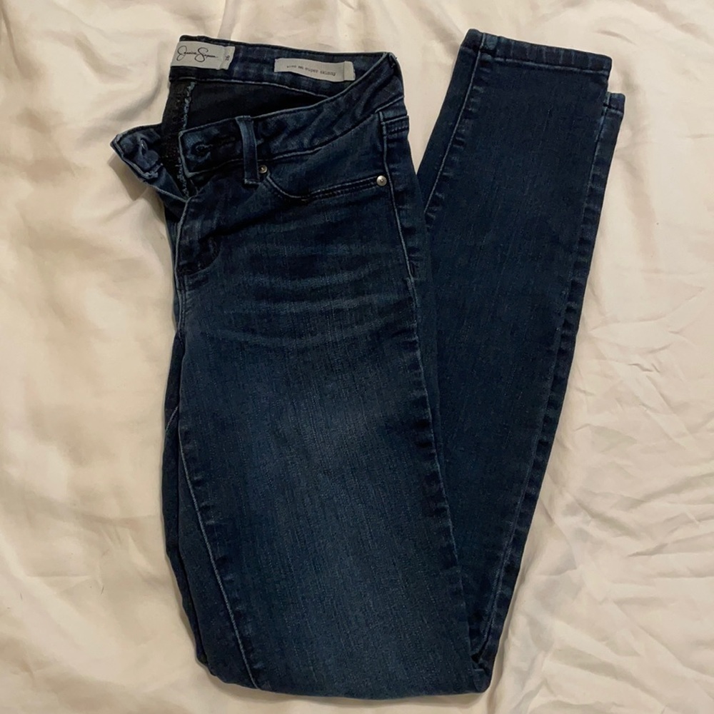jessica simpson; super skinny dark blue jeans